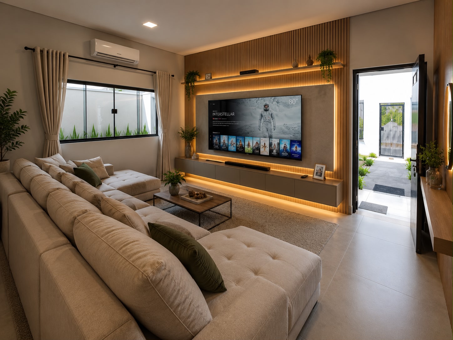 Sala de estar com home theater e iluminação ambiente